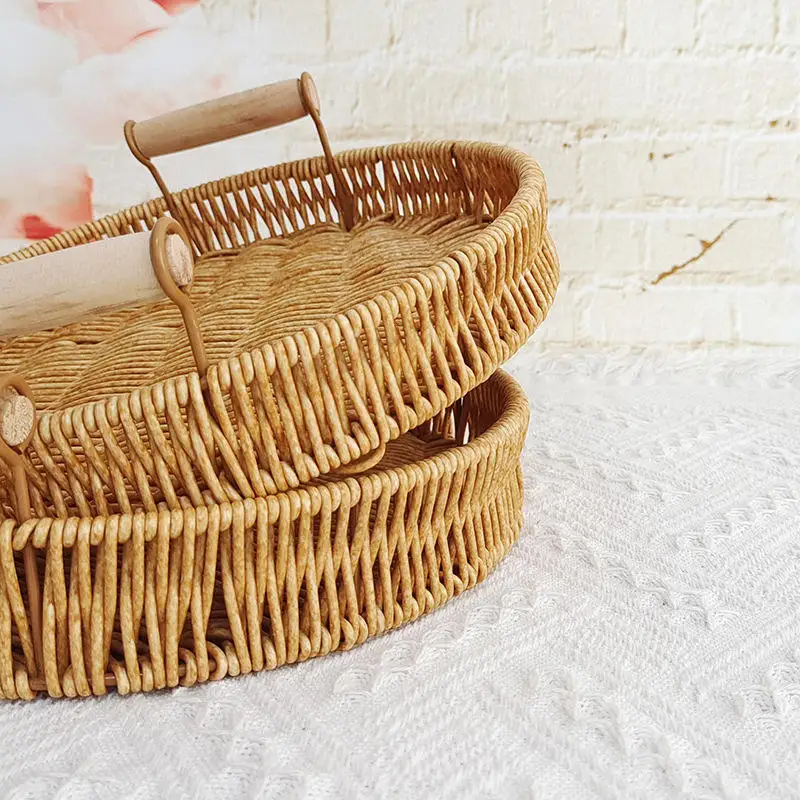 Handmade Round Woven PP Rattan Basket Wicker Picnic Basket Fruit Snacks Storage Tray with Handle