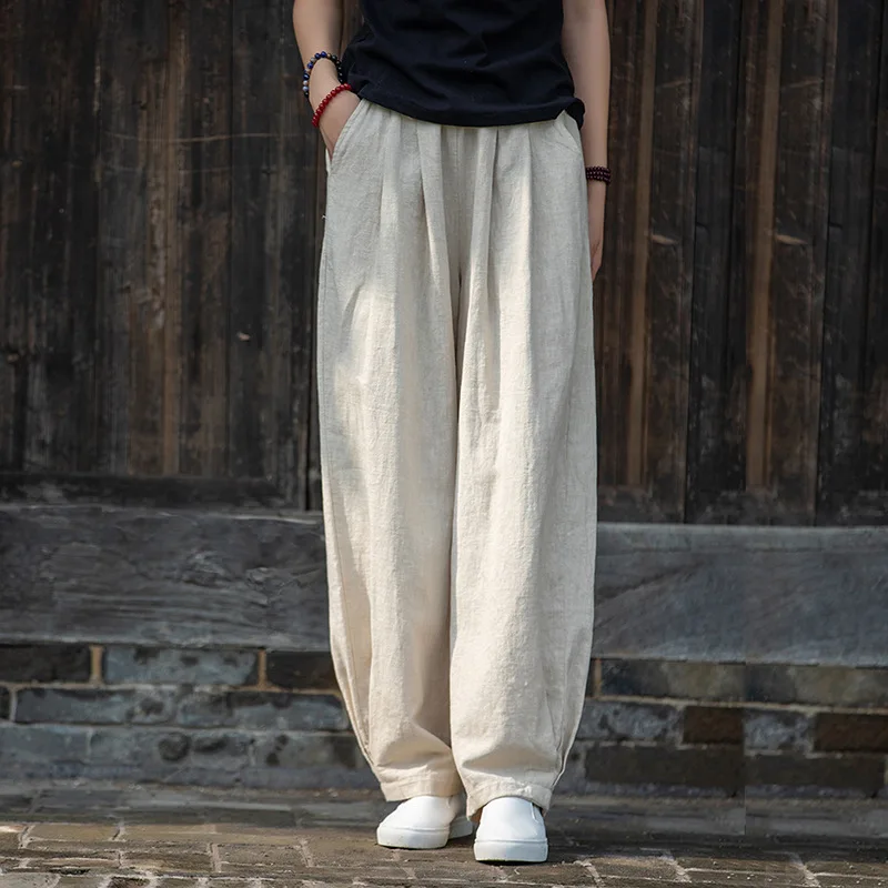 Custom Women Linen Bloomers Sand Wash Vintage Pants Flax High Waist Pleated Elastic Female Trousers