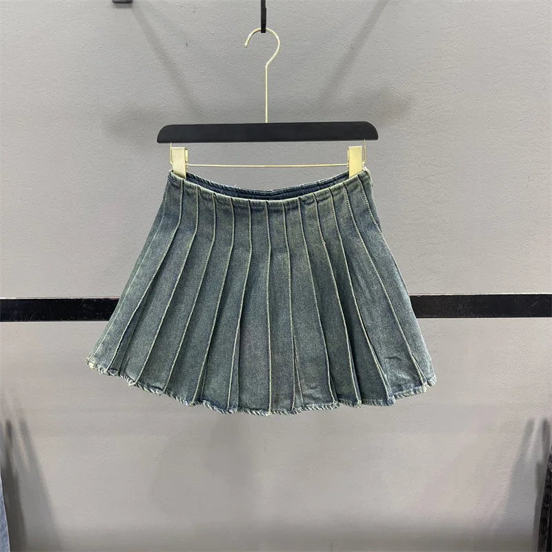 2024 Children Girl Blue Pleated Solid Denim Skirt 3-15 Years