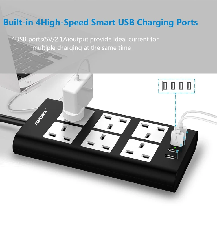 2022 BSCI Factory UK Flat Design Smart Plug Power Strip Extension Socket 13A Electronic Supplies