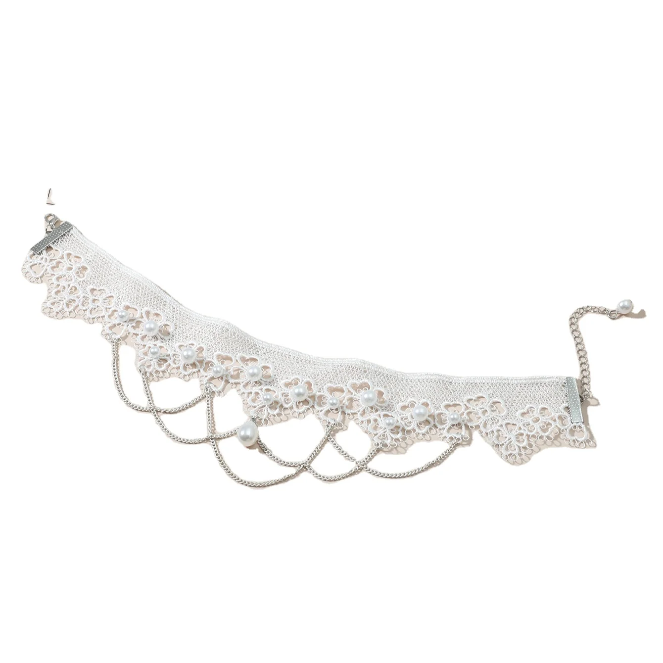 Bride Accessories White Lace Pearl Pendant Wide Necklace Collar Neck Choker Handmade Hollowed Out Flower Shape Necklace