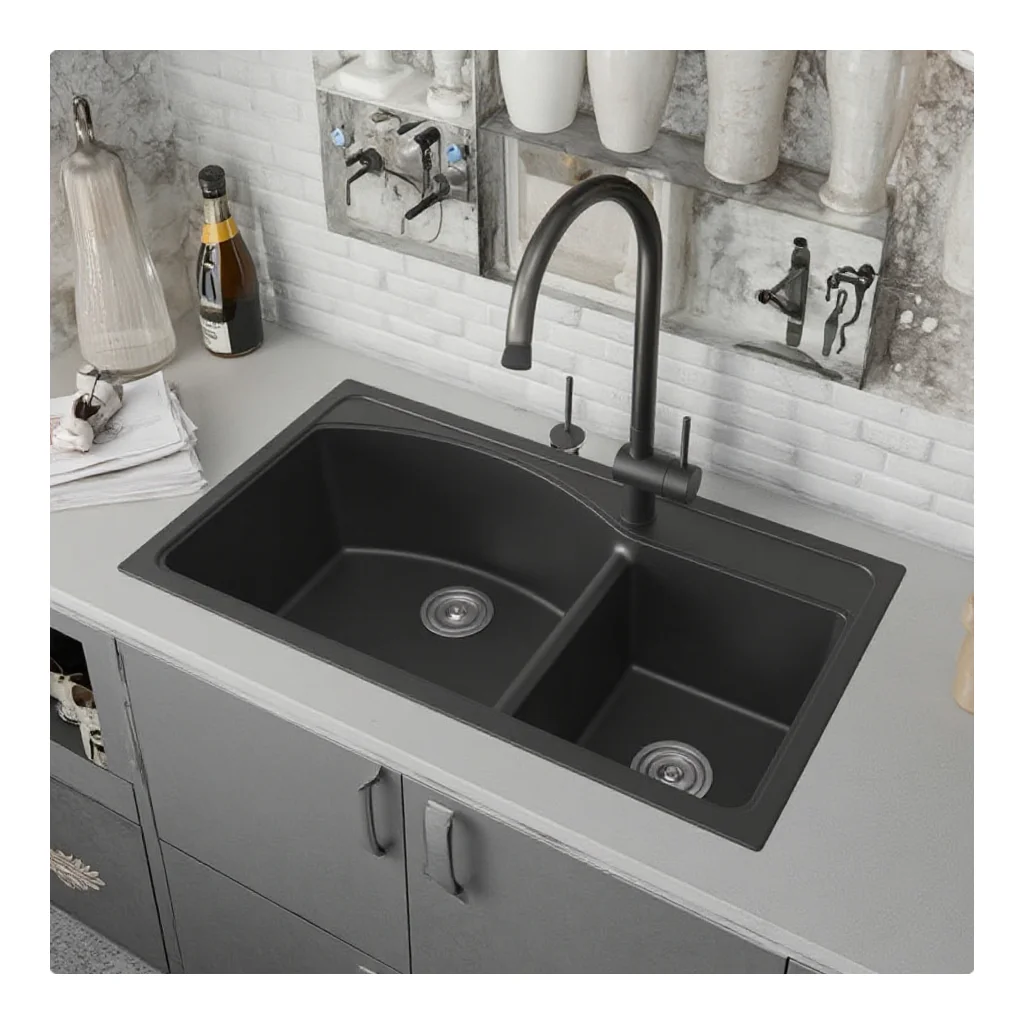 Modern Double Bowl Kitchen Sink Factory Simple Black White Undermount with Rectangular Shape One-Hole Installation for Hotels