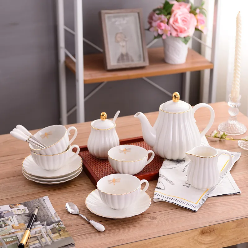 Modern Chinese style gold rim porcelain coffee tea sets luxury ceramic tea pot set with cups