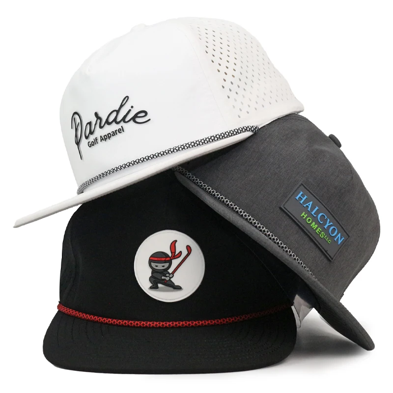 HS16 custom baseball pickleball cap Veracap laser cutting hole pvc rubber patch logo golf trucker rope snapback waterproof hats