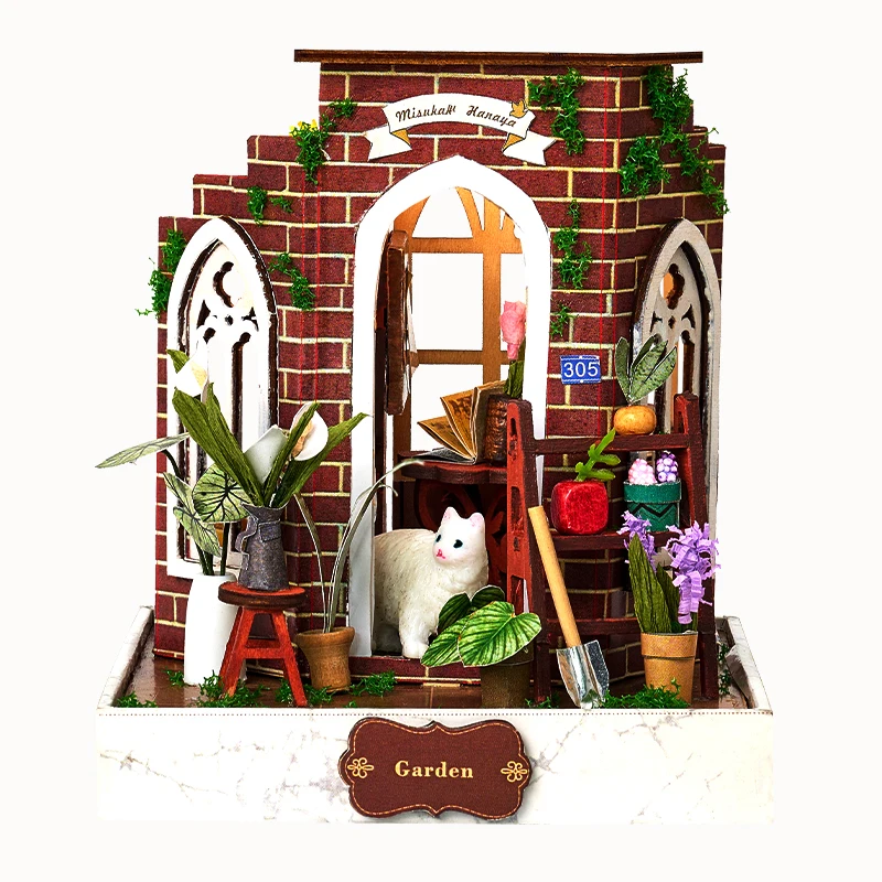 IIECREATE Mini 3D Wooden Puzzle With Led Light And Dust Cover K-076 Mitsukaku Hanaya DIY Handmade Miniature House