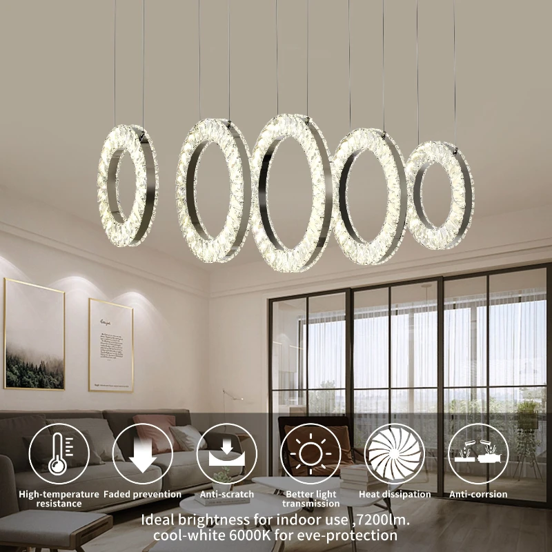 dimmable nordic modern led pendant lighting fixture 5  led rings k9 crystal chandelier luxury