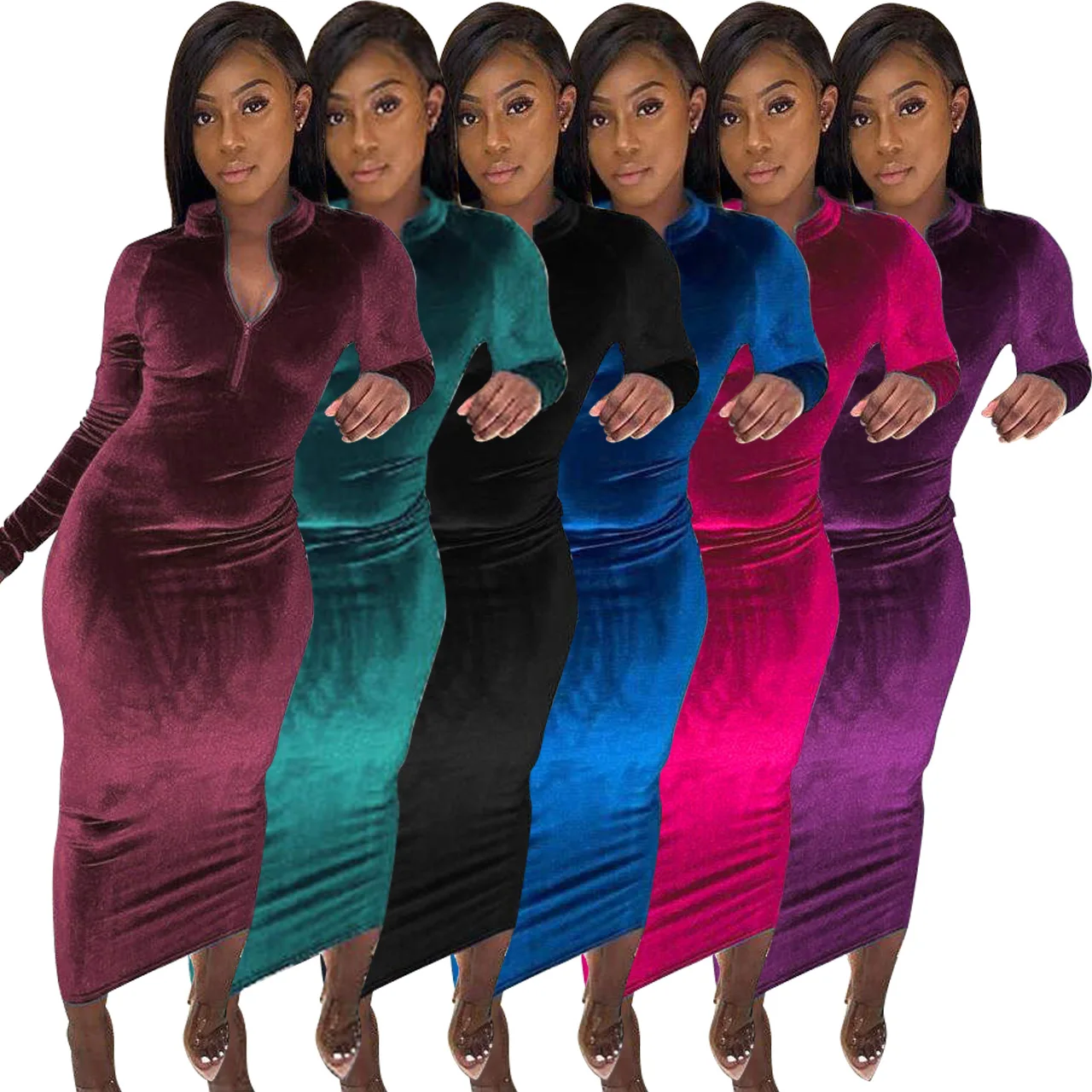 MSL692-Hot Sale Fall New Club Style Long Sleeve Slim Sexy Solid Color Women Casual  Dress2021