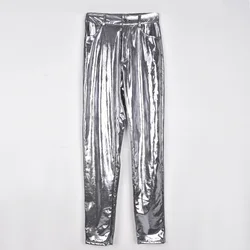 Trendy High Quality Matte Leather High Waist Stretch Tight Skinny Shaping Gold silver Faux Leather Leggings Pants For Women
