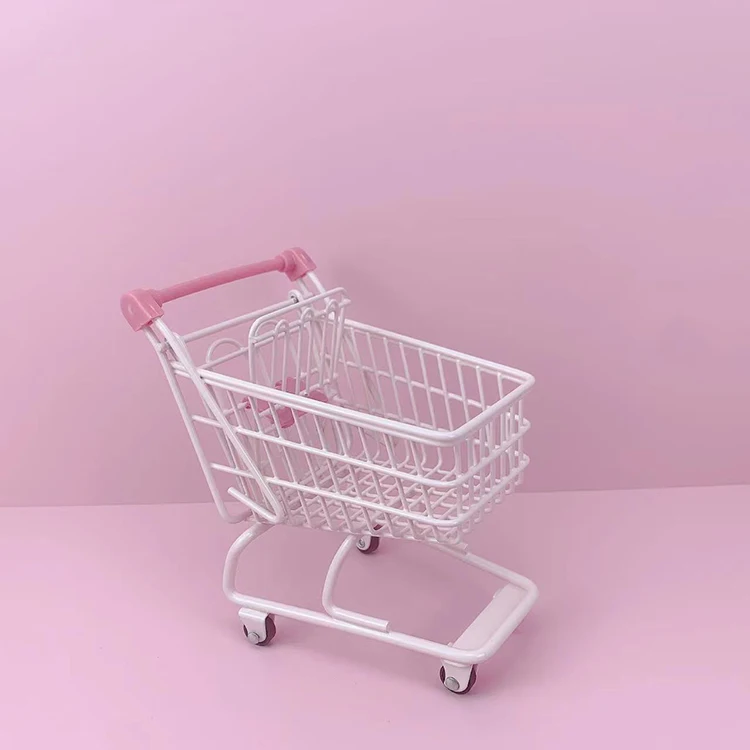Wholesale High Quality Creative Mini Carrito De Compras Pink Metal Desktop Decoration Kids Mini Trolley Shopping Cart