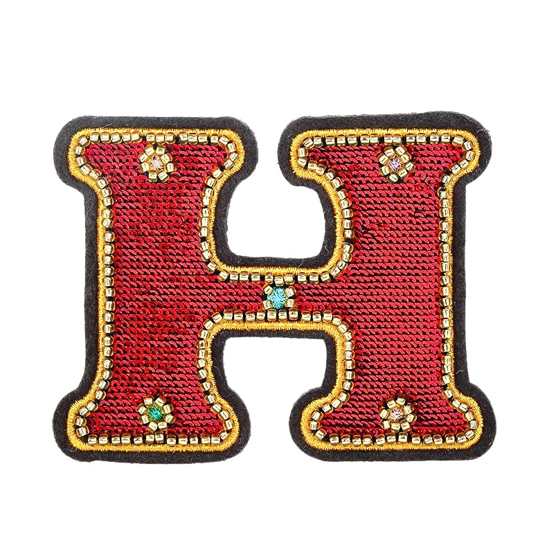 Custom Size Color Luxury Exquisite Red Sequin Bead Diamond Embroidered Letter Patch Exquisite Letter Patch H