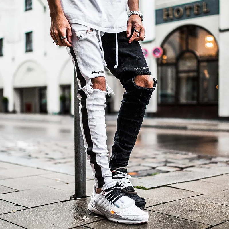 Abbigliamento Uomo Stylish Ripped Trouser Denim Pants Skinny Jeans Black White Male Men Slim Straight Coated Nonwoven Mid Waist