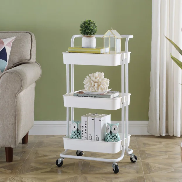 Portable simple kitchen living room storage car shelf with wheel other kitchen furniture