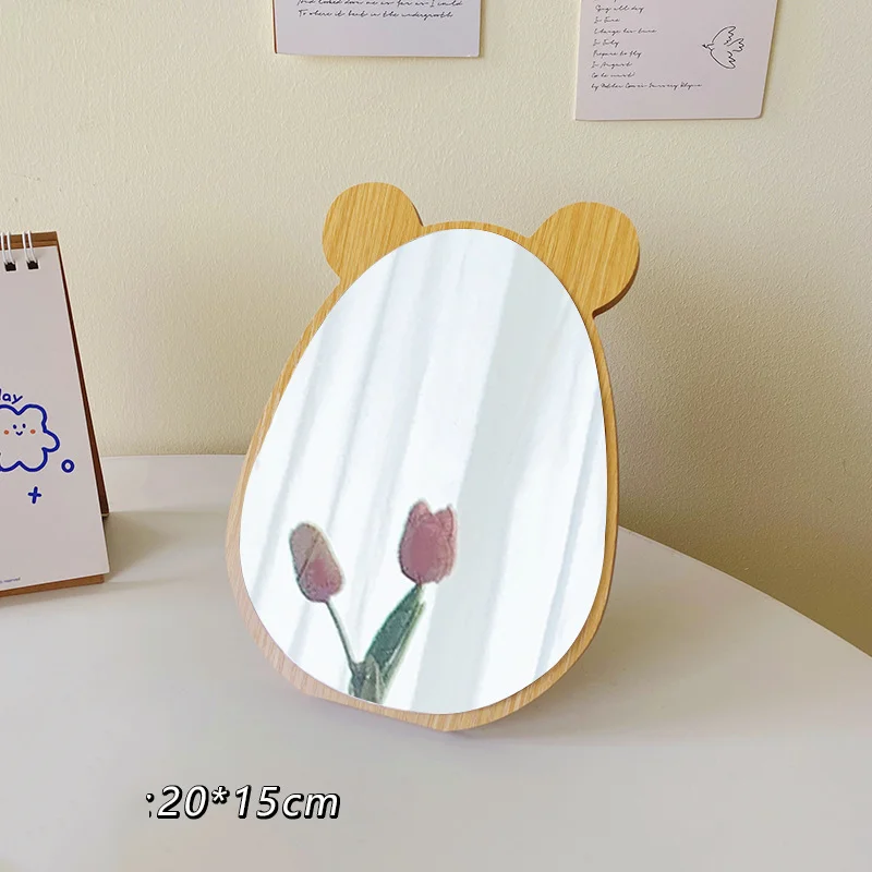 Table Stand Wood Frame Small Cute Animal Bear Ear Shaped Cosmetic Makeup Mirror For Home Makeup Decorative