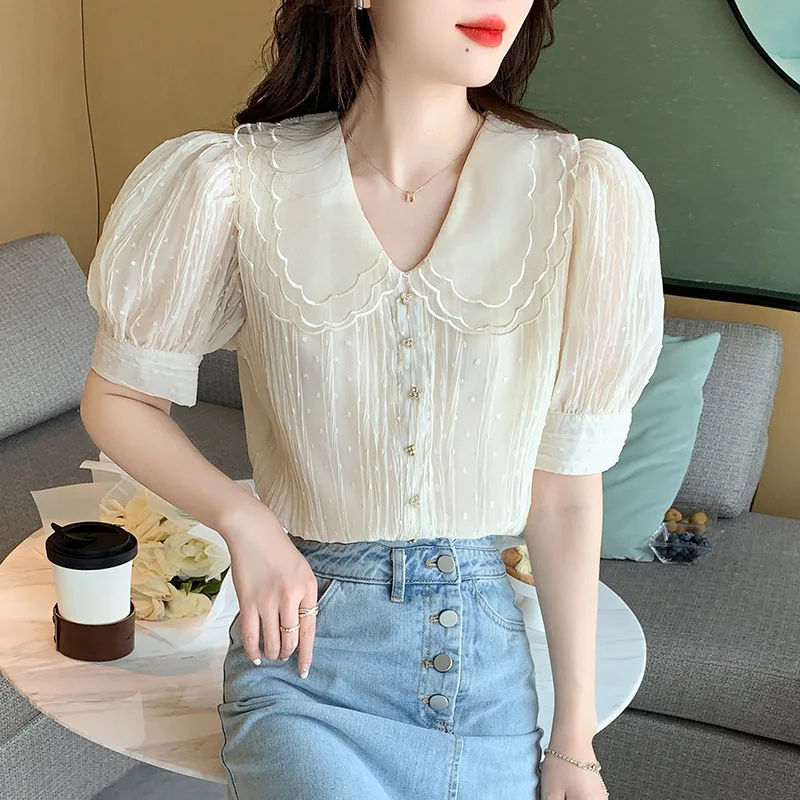 Women Ladies Double Lace Collar Short Sleeve Chiffon Tops and Blouses