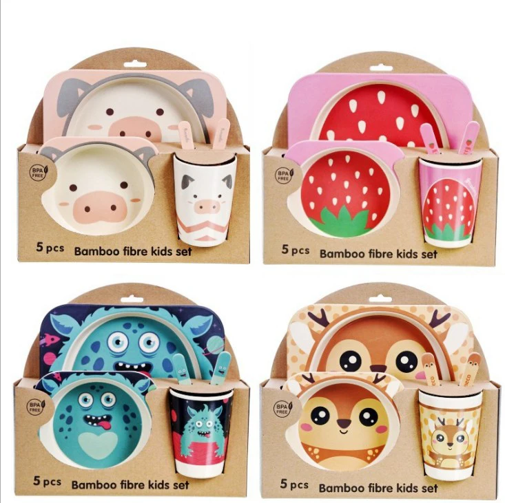 5pcs Sets Bamboo Cartoon Pattern Custom Plate Fiber Children Dinnerware Set