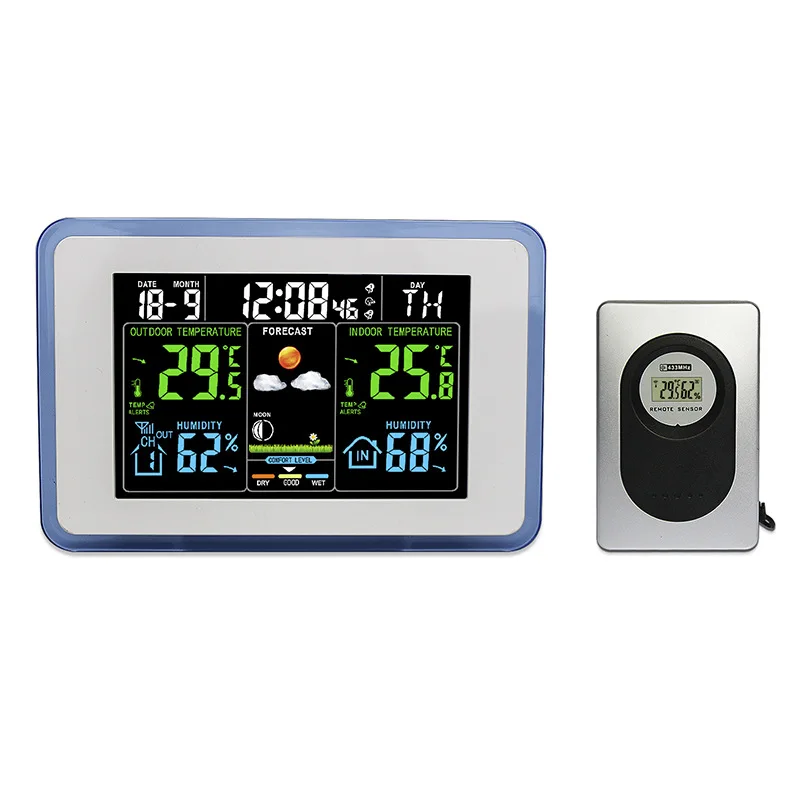 LCD alarm clock with Weather Station hang wall equipped with 3 outdoor temperature measuring equipment
