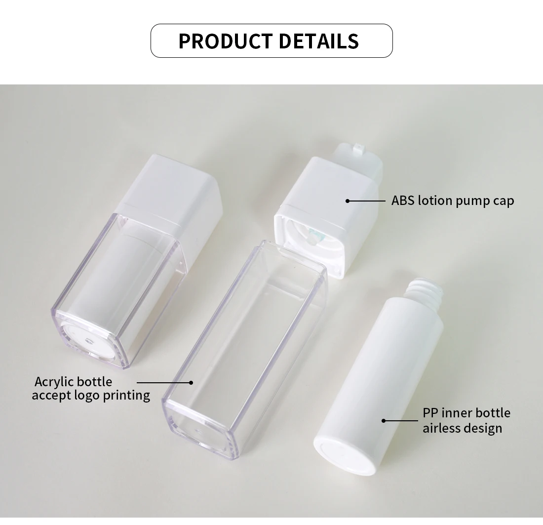 Square round white plastic acrylic lotion pe bottle 15ml 30ml 50ml airless pump bottle face cream jar set