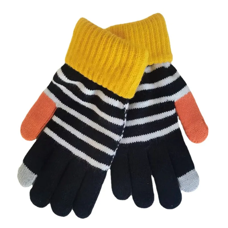 Зимние перчатки мужские и женские двухслойные плотные Полосатые Шерстяные перчатки с ворсом