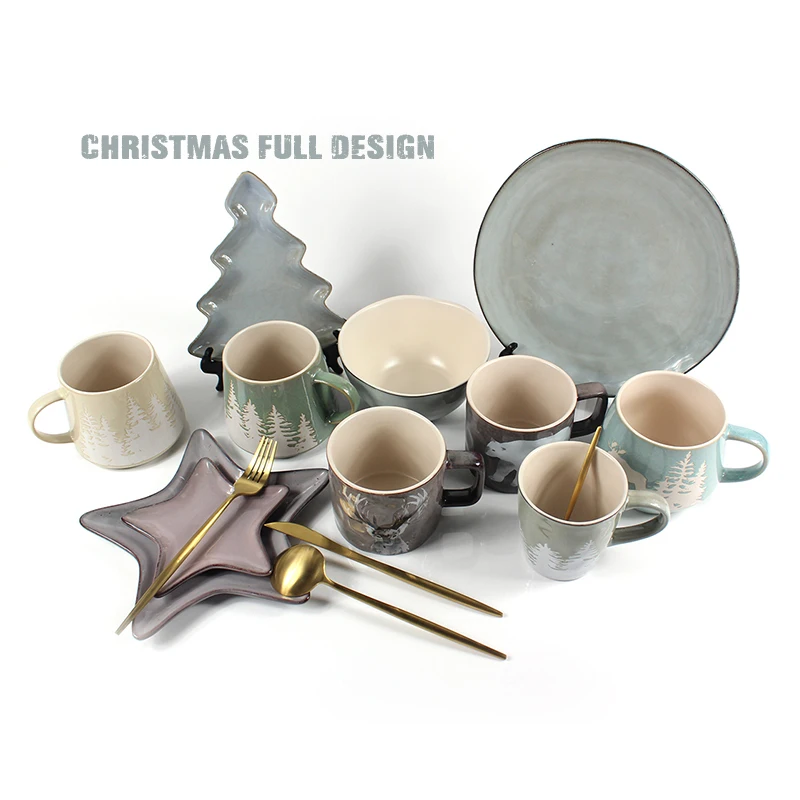 Vajillas con motivos navidad Christmas dinner set reindeer pattern Tableware Decoration Ceramic stoneware plates Dinnerware Sets