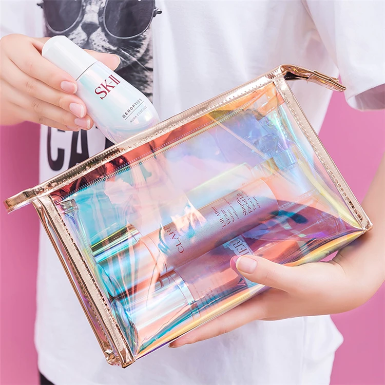 Wholesale Vegan Holographic Transparent Custom Makeup Bag Cosmetic High Quality Clear Design Your Own Logo