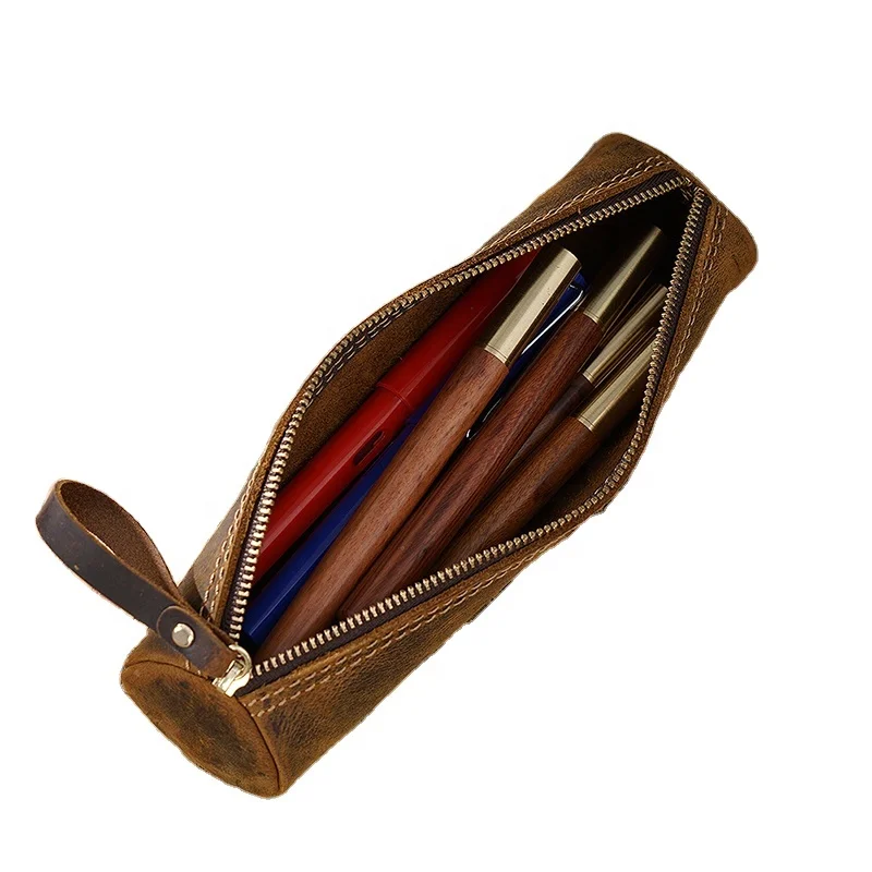 Custom Real Leather Pencil Bag Pen Holder Cosmetic Small Leather case Zipper Makeup Pouch