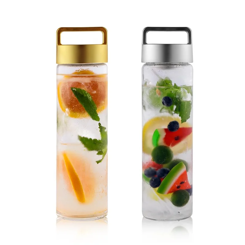 Custom Logo Motivational Creative Outdoor Transparent Handle Lid Portable Frosted Glass Water Bottle