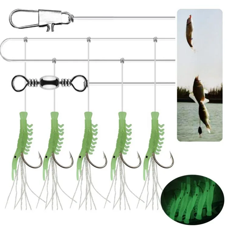 Wholesale  5pcs/set Luminous Shrimp Hook Fishing Lure Sabiki Rigs with 5 Hooks Sea Fishing Flasher Bait Rigs