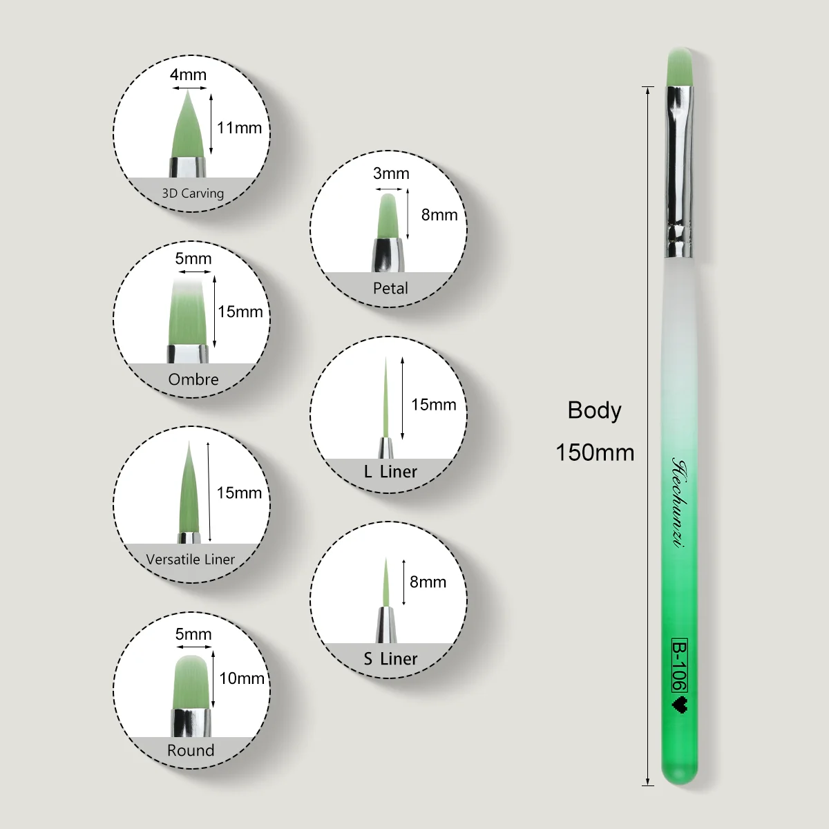 Nail Supplier Factory Nylon Hair Green Gradient Acrylic Handle Art Liner Brush Nail Polish Brushes