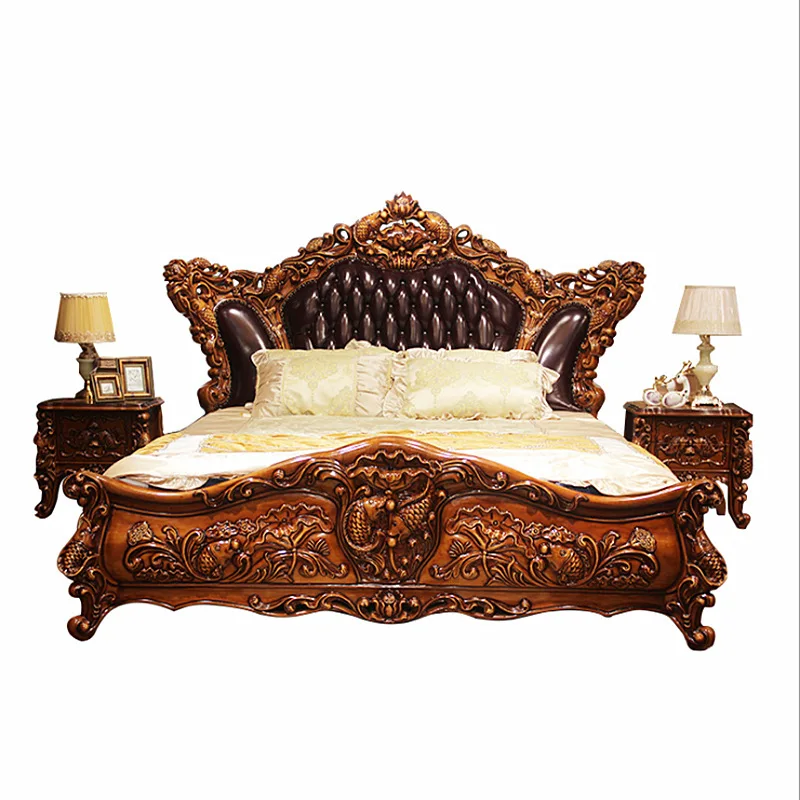 
Antique Royal Leather Upholstered Super King Size Bed Queen Bed Wood Carved Bed 