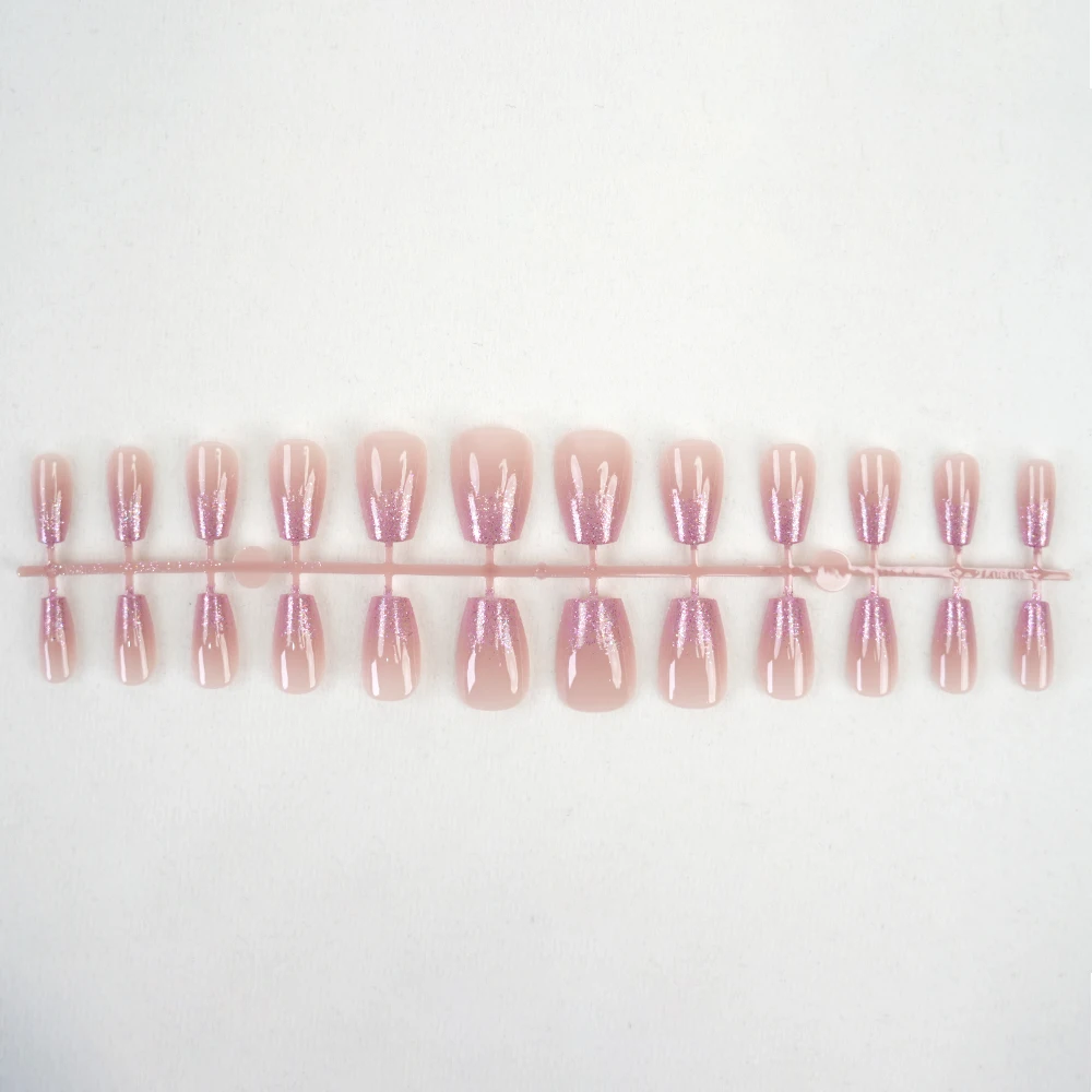 Cheap Price Press On Designer Nails Bulk Medium Coffin Artificial Acrylic Fingernail Tips Nude Pink Glitter Ombre Reusable Nails