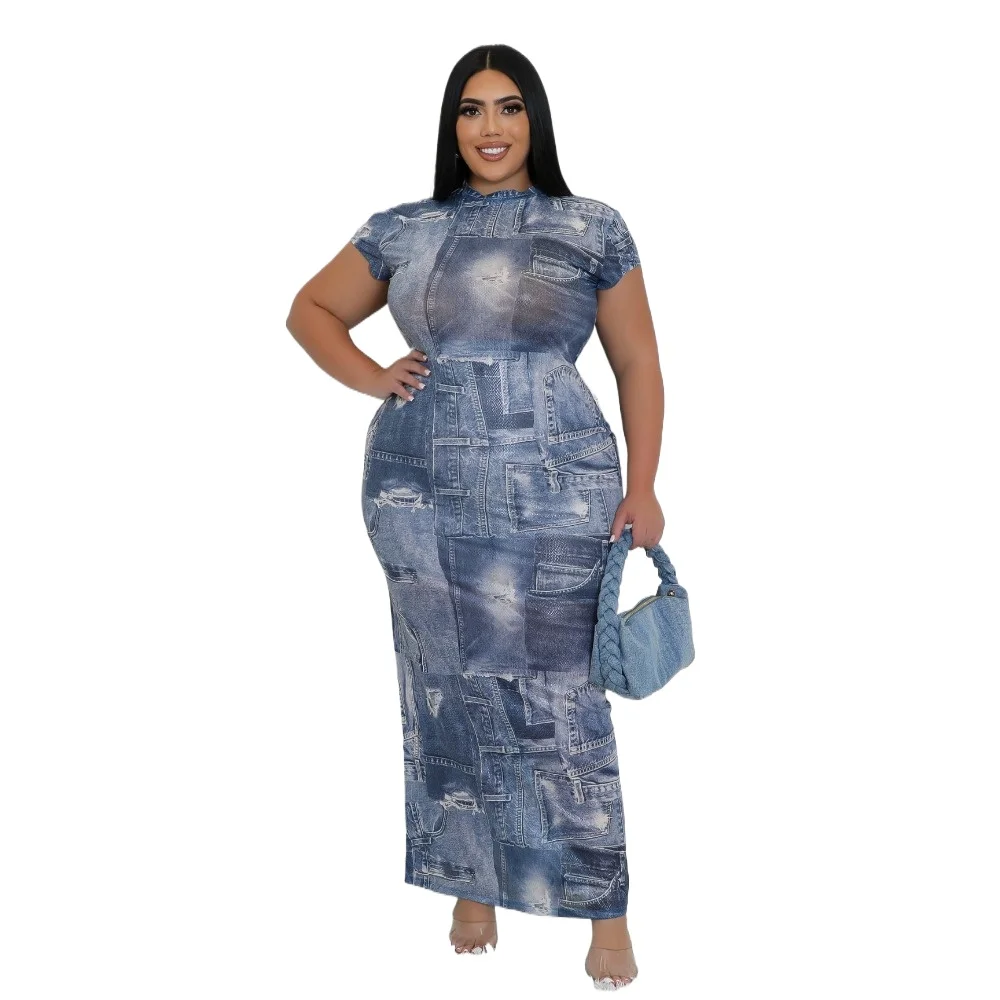 Plus Size Maxi Dresses Blue Long Sleeve Fitted Sexy See Through Slimming Bodycon Dresses for Curvy Women