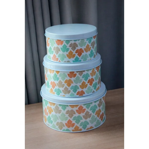OEM Custom Stylish Tin Box 3PCS Cake Biscuits Tins With Lids Metal Round Cookies Canister Set