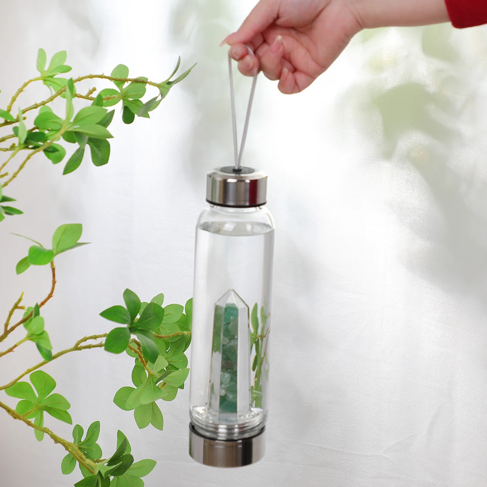 Wholesale Gemstone Custom Durable Glass Stainless Steel Bamboo Crystal Energy Water Bottle With Quartz