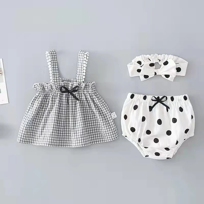 
Plaid swing top and polka dots bloomer with headband 3pcs baby outfits 