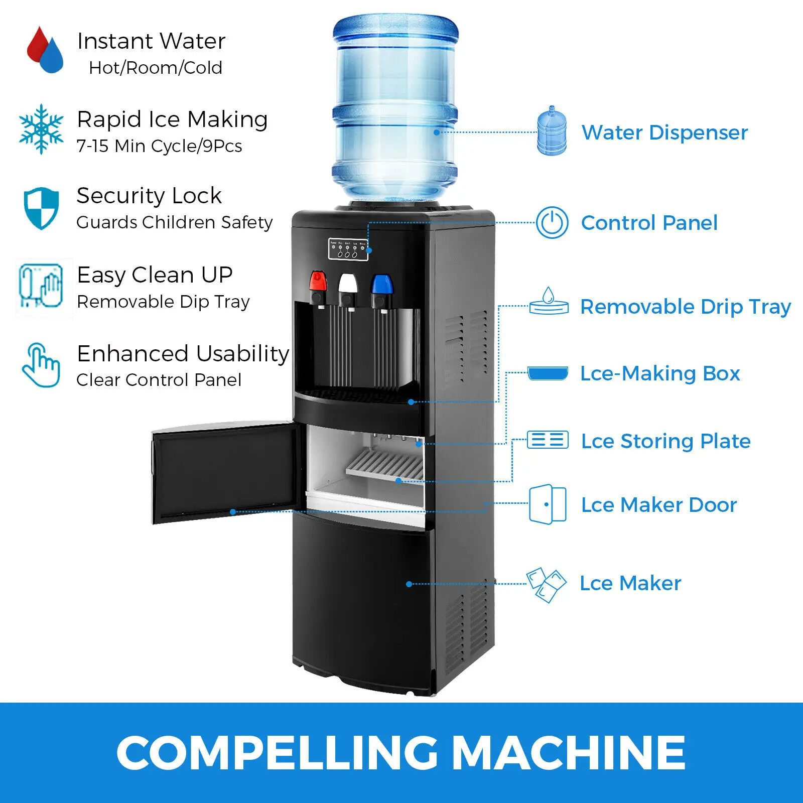2 In 1 Water Dispenser with Built-in Ice Maker Machine Hot and Cold Top 3-5 Gallon Bottle