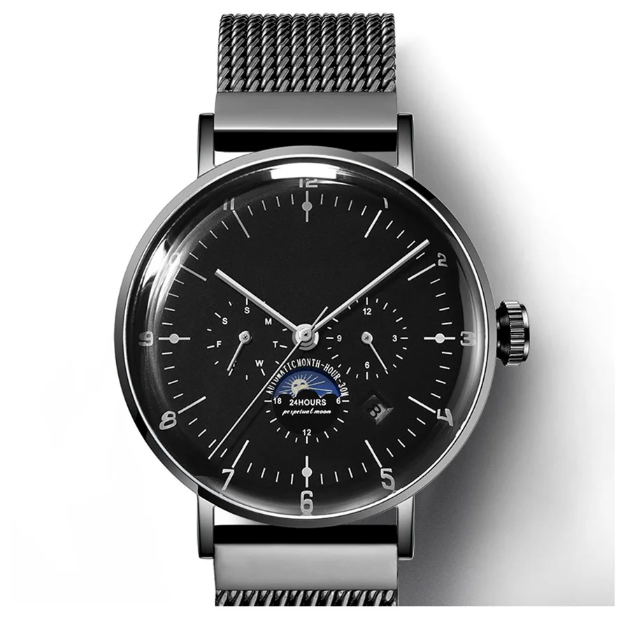 Fashion stainless steel 316l case complete calendar moon phase men mechanical watch
