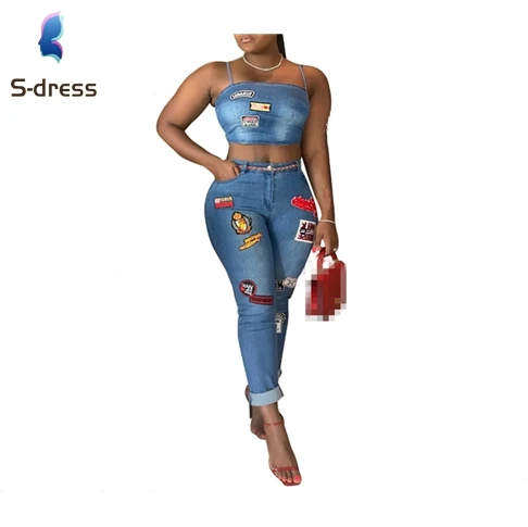 
S1134 Wholesale women summer casual wear two piece outfits fashion patched tube top and jeans set 