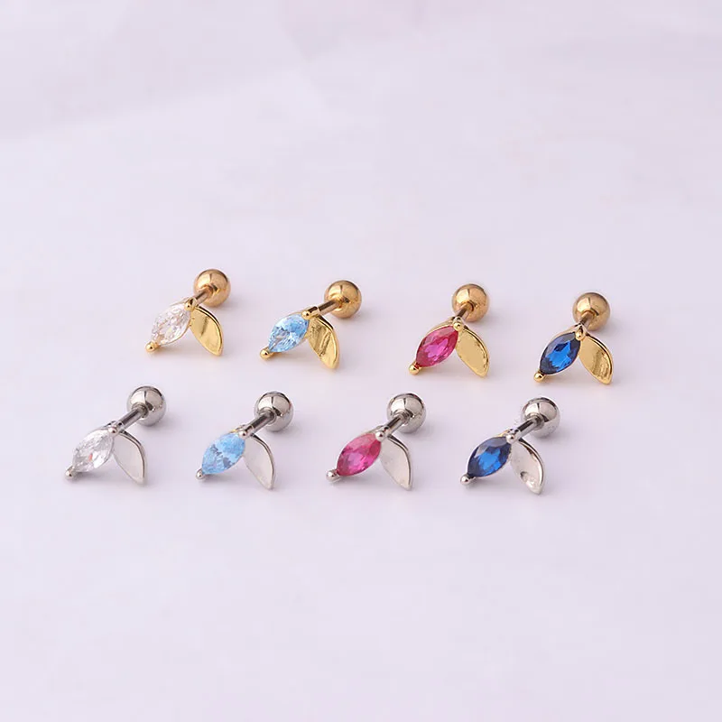 Minimalist earrings 316l stainless steel rod geometric colored zircon internal screw stud tragus cartilage piercing earrings
