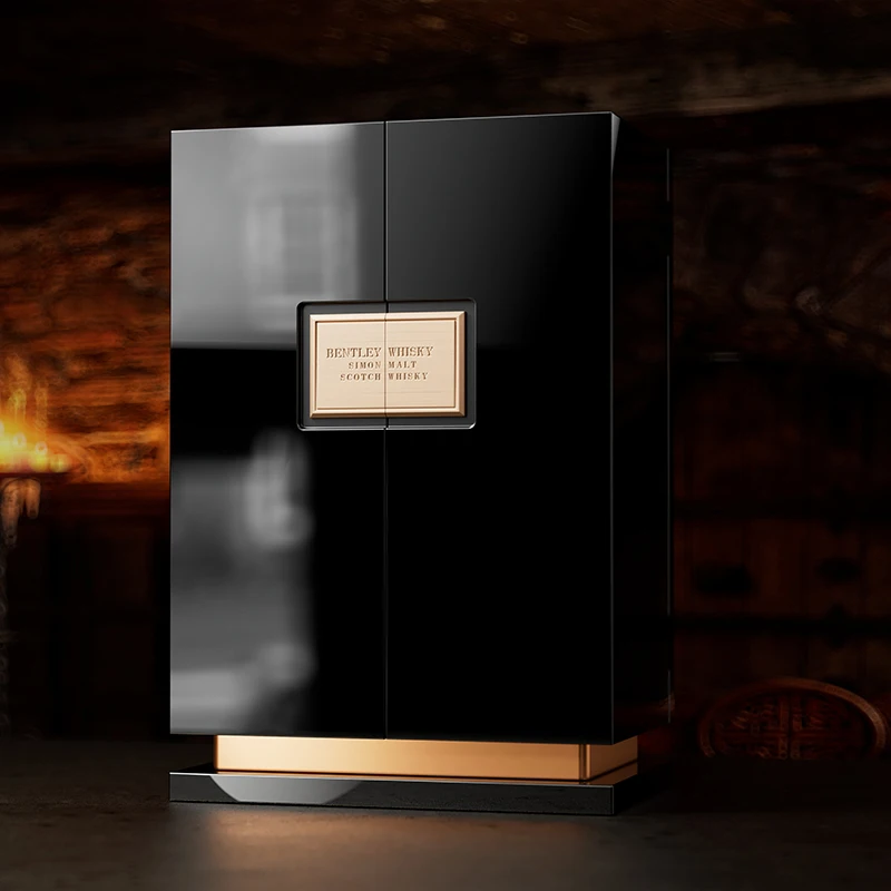 Custom Luxury Whisky Box Wine Bottle Collection Display Solid Wood Double Open Door Wooden Wine Gift Box