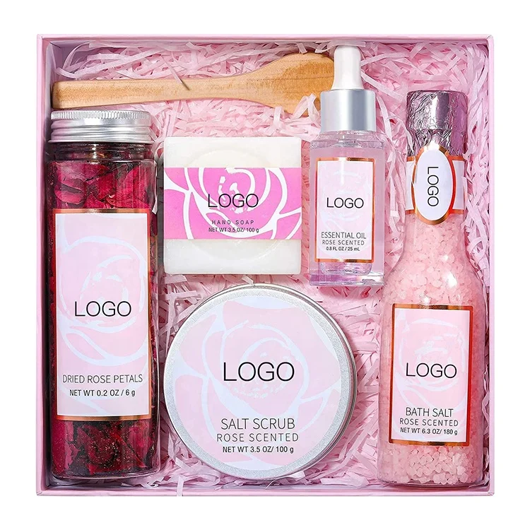 wholesale natural private label rose scent bath salt essential oil bath rose petal salt scrub bath gift sets