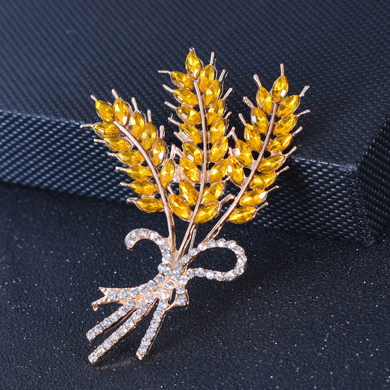 Go Party High-End Overcoat Scarf Button Brooch Jewelry Crystal Wheat Bow Brooches Pin Yellow Rhinestone Wheat Brooches Women