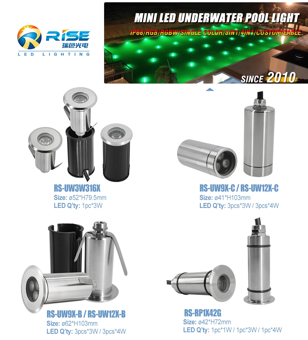 9W 316L Stainless Steel IP68 DMX512/RDM Control RGB Submersible Marine Grade LED Underwater Pool Light
