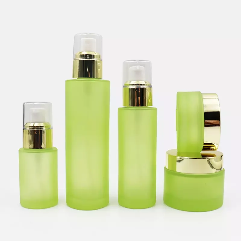 Luxury 15 30 50 80 g 100 120 150 ml empty round green frosted bottle glass skincare pump cosmetic packaging