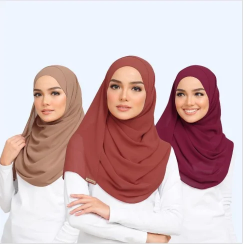 Popular Middle East Arab Georgette Hijabs Solid Color Pearl Chiffon Headband Long Scarf Turban Scarf Hijab Malaysian For Women