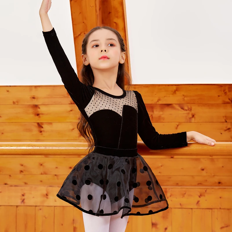 Elegant Black Ballet Dress With Velvet And Chiffon Suitable For Dance Studio Practice