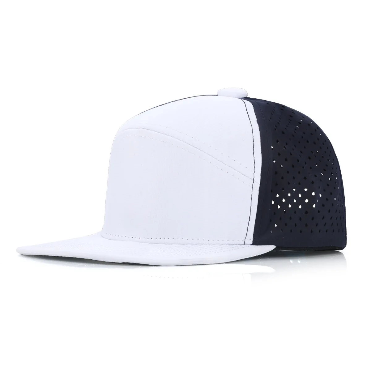 New Arrival Quick Dry Flat Brim Snapback Caps Custom Embroidery Logo 7 Panel Perforated Laser Cut Hole Mesh Trucker Hats