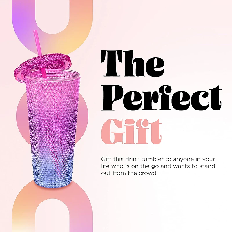 BPA free 24oz Diamond Studded Tumbler Double Wall Plastic Water Bottle Termos Juice Bottle Ice Tea Coffee Mug with Straw
