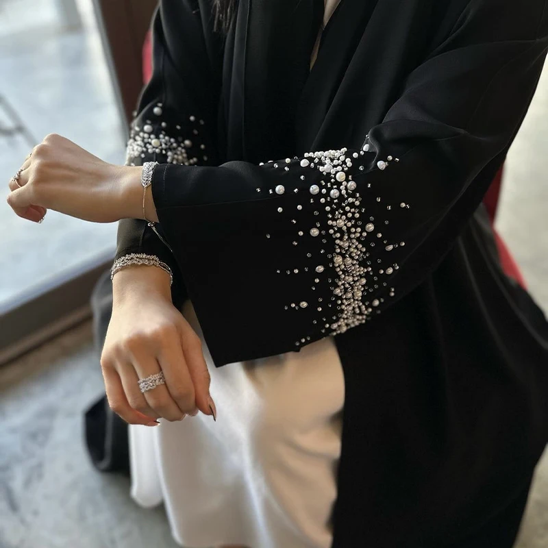 High Quality Cardigan Eid Black Abaya rhinestone pearls Shining Crystal Dubai Kimono Open Abaya Muslim Dress Islamic Clothing