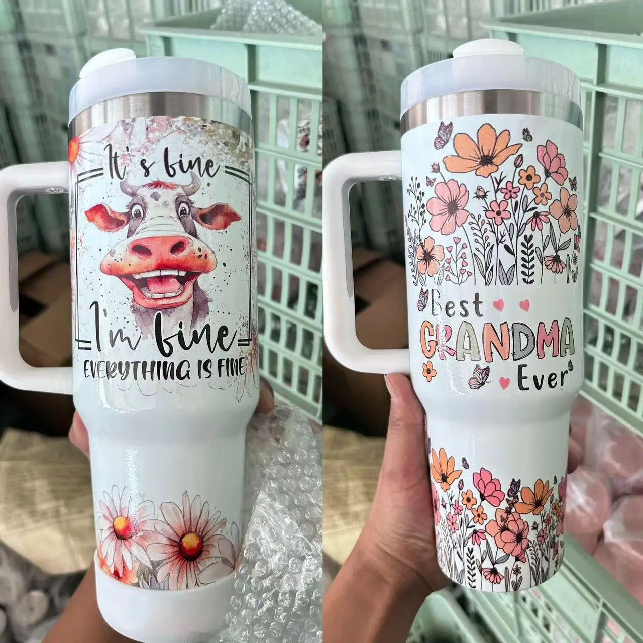 40 oz Custom Logo Stainless Travel Mug with Handle Lid and Straw-40oz Tumbler Cup for Coffee and Water Glass Bottle