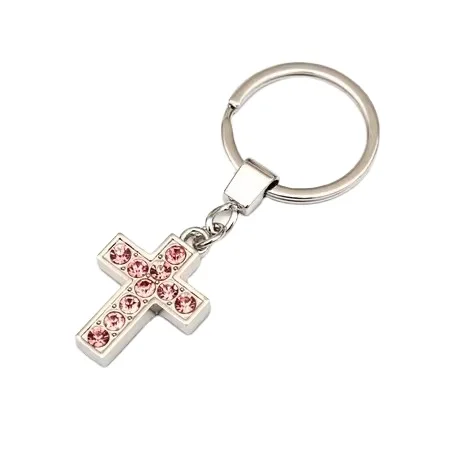 Hot Sale Shiny Silver Plated 3D Cross Zinc Alloy Key Ring Crystal Metal  Pink Color Custom Keychain With Diamonds